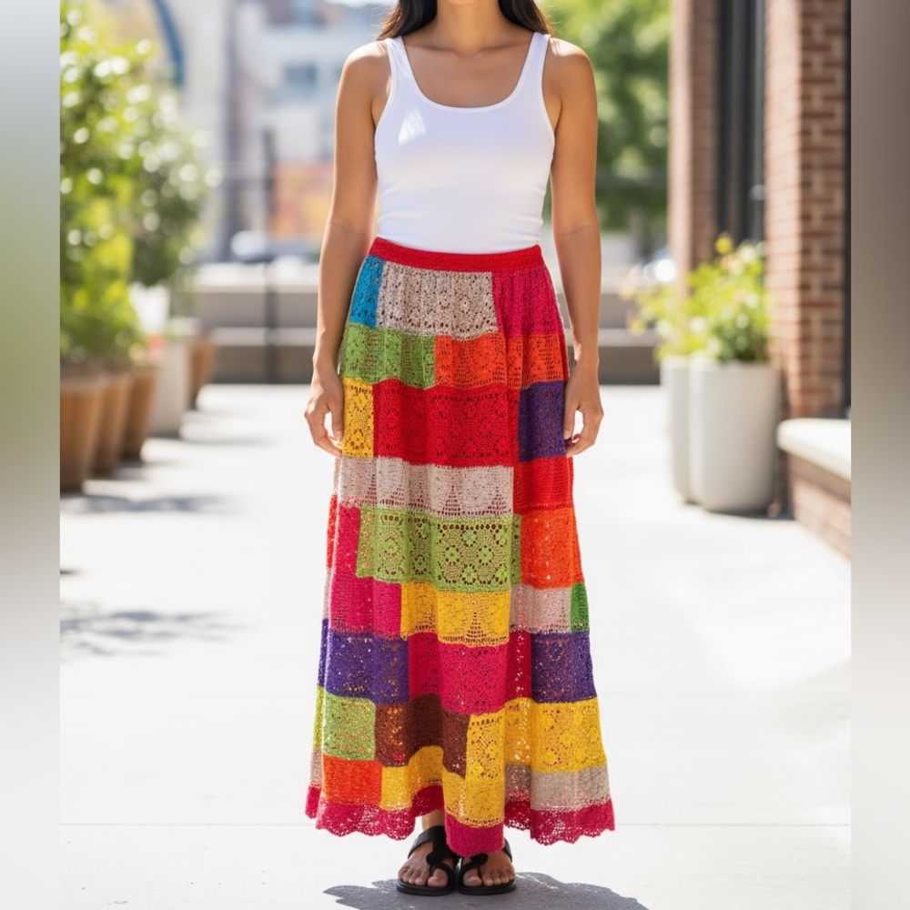 Vintage 60s 70s Tachi Castillo Mexico Multicolor Crocheted Skirt Size XS